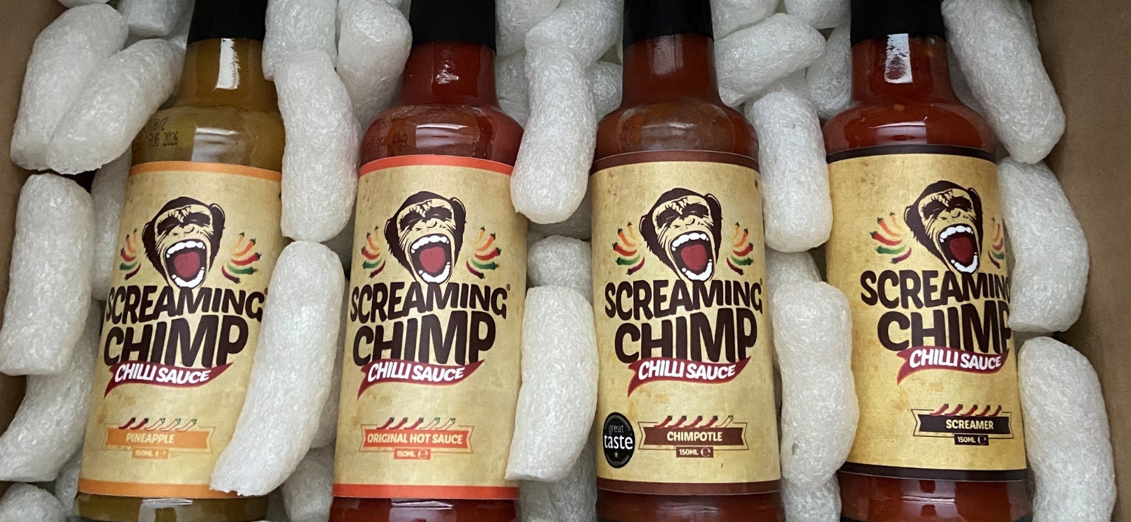 Bottles of Screaming Chimp chilli sauce