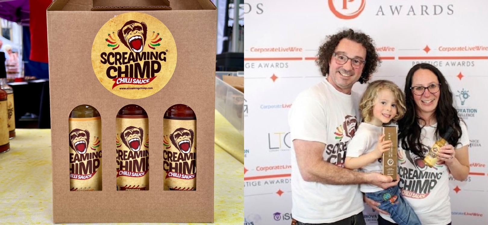 Bottles of Screaming Chimp and a family holding an award