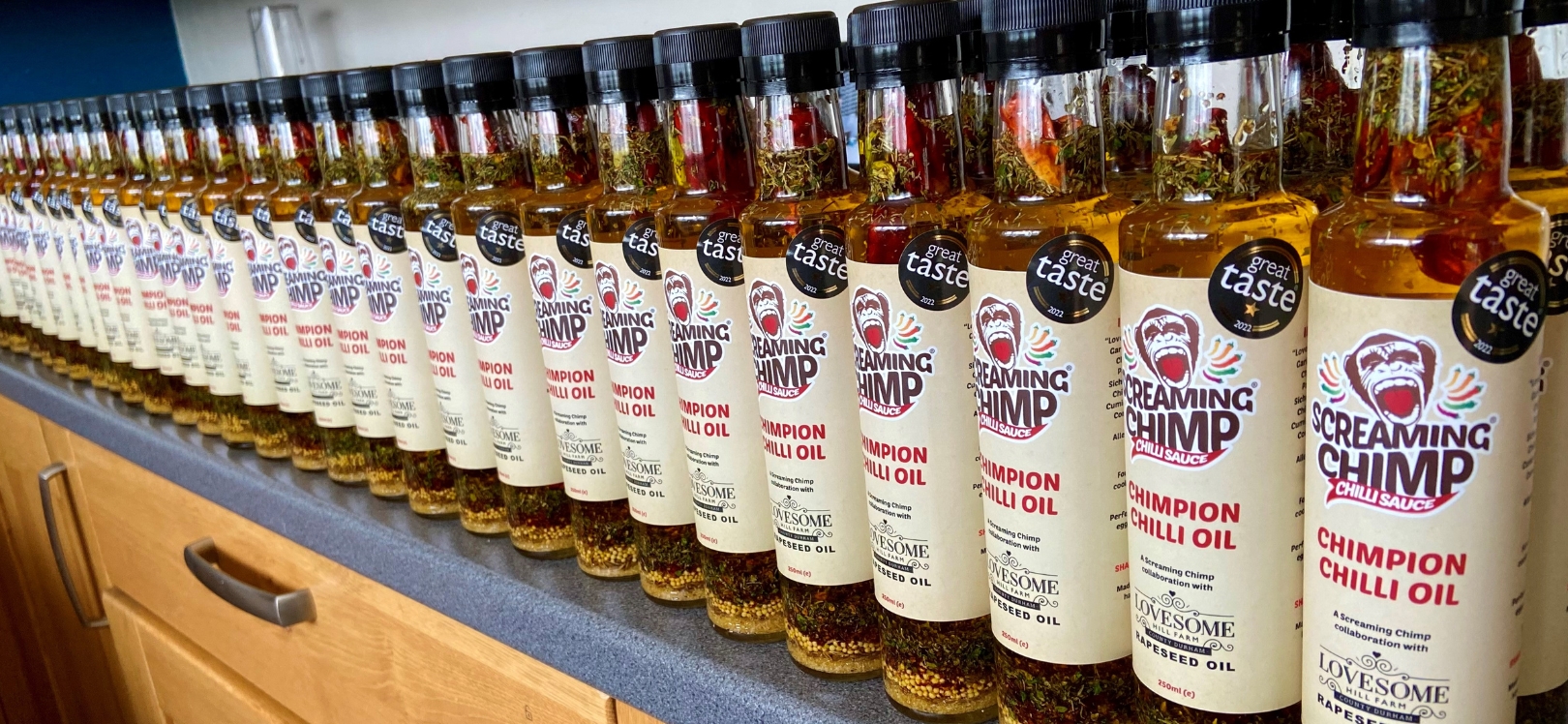 Screaming Chimp oil bottles in a row