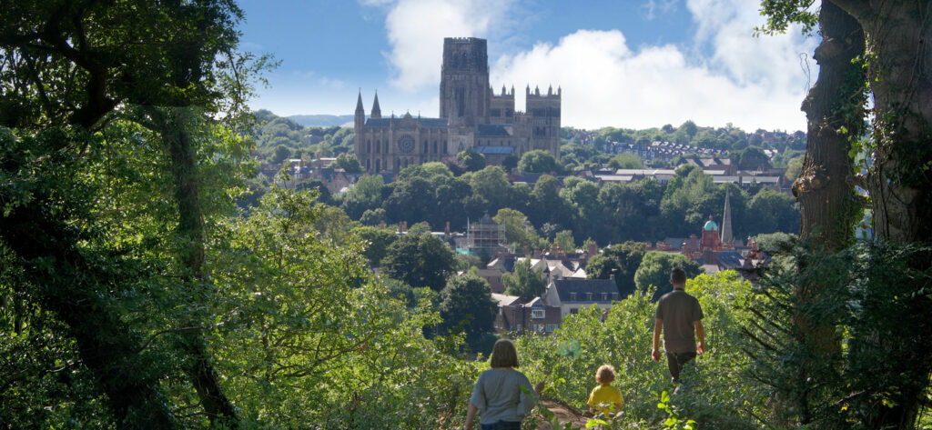 People walking towards Durham Cathedral