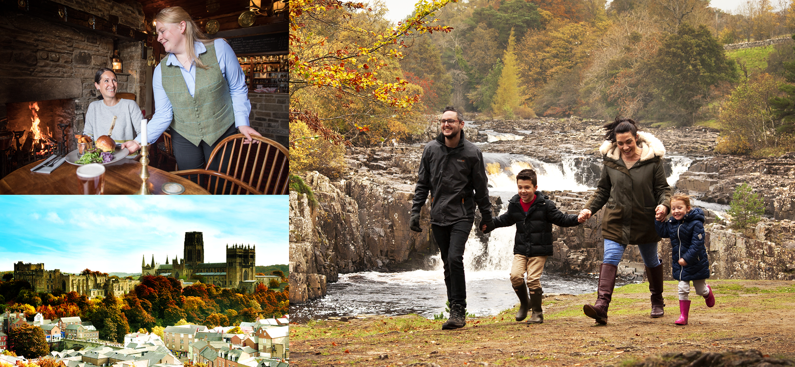 A family playing in leaves at High Force, Durham Cathedral in autumn and people serving and eating food