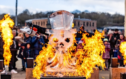 An ice skull with fire surrounding it