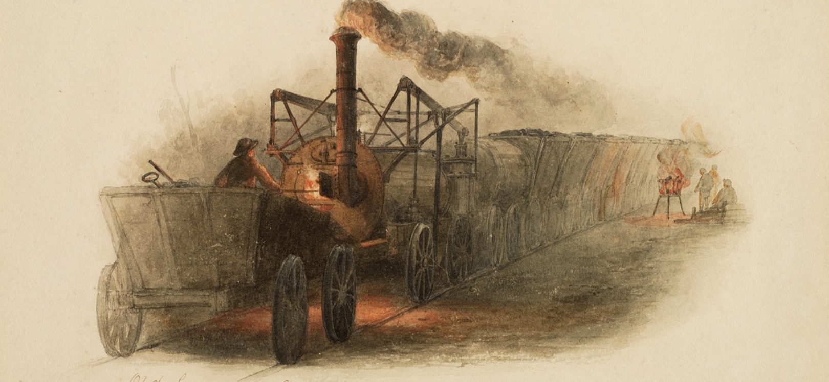 Thomas Harrison Hair, Old Locomotive Engine, Wylam Colliery, around 1838-42, watercolour on paper. Hatton Gallery, Newcastle University