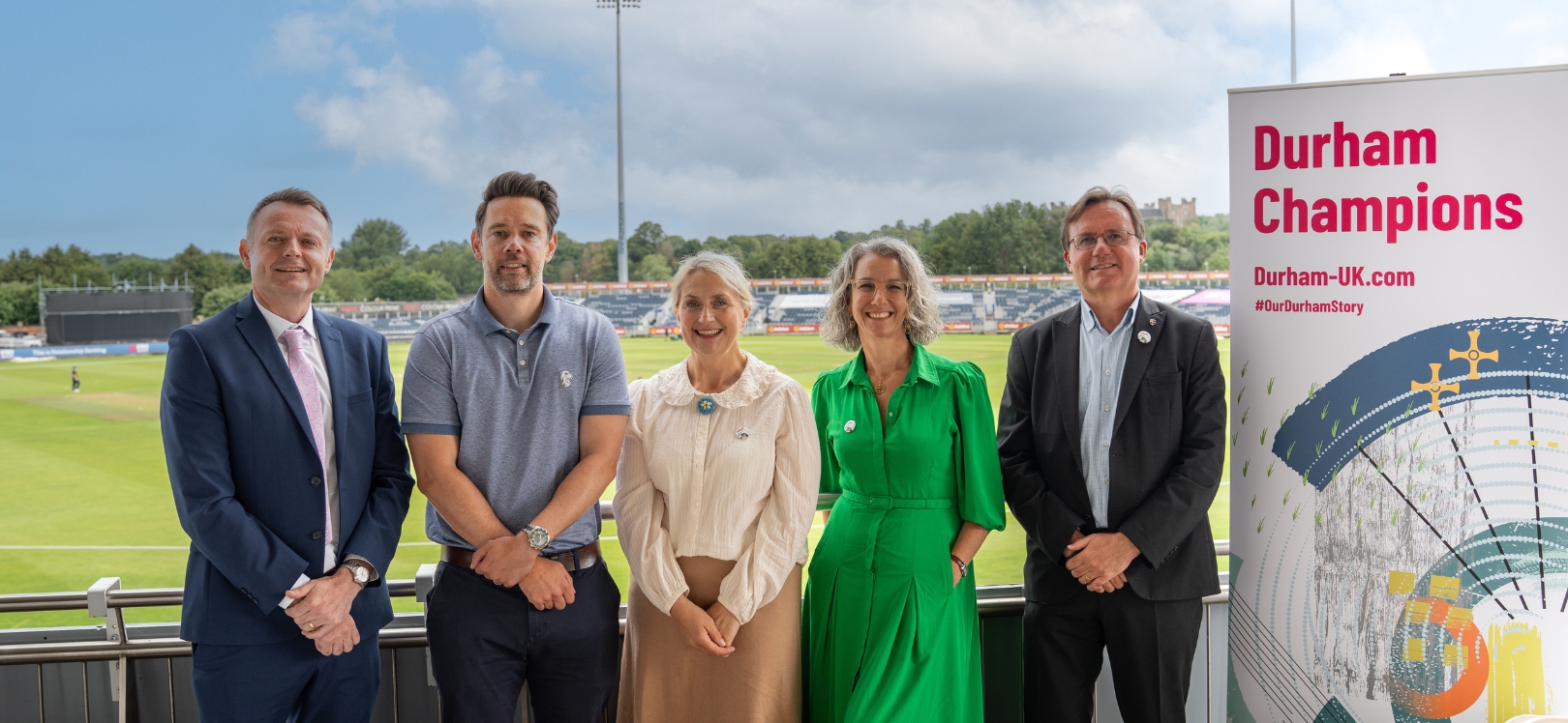 Left to right- Tony Hanson, Corporate Director, Regeneration, Economy and Growth, Durham County Council; David Jackson, Marketing Director, Durham Cricket; Rhiannon Hiles, CEO, Beamish the Living Museum of the North; Emma Gaudern, CEO, EMG Solicitors; Richard Baker, Director Economic Development & Commercialisation Durham University.