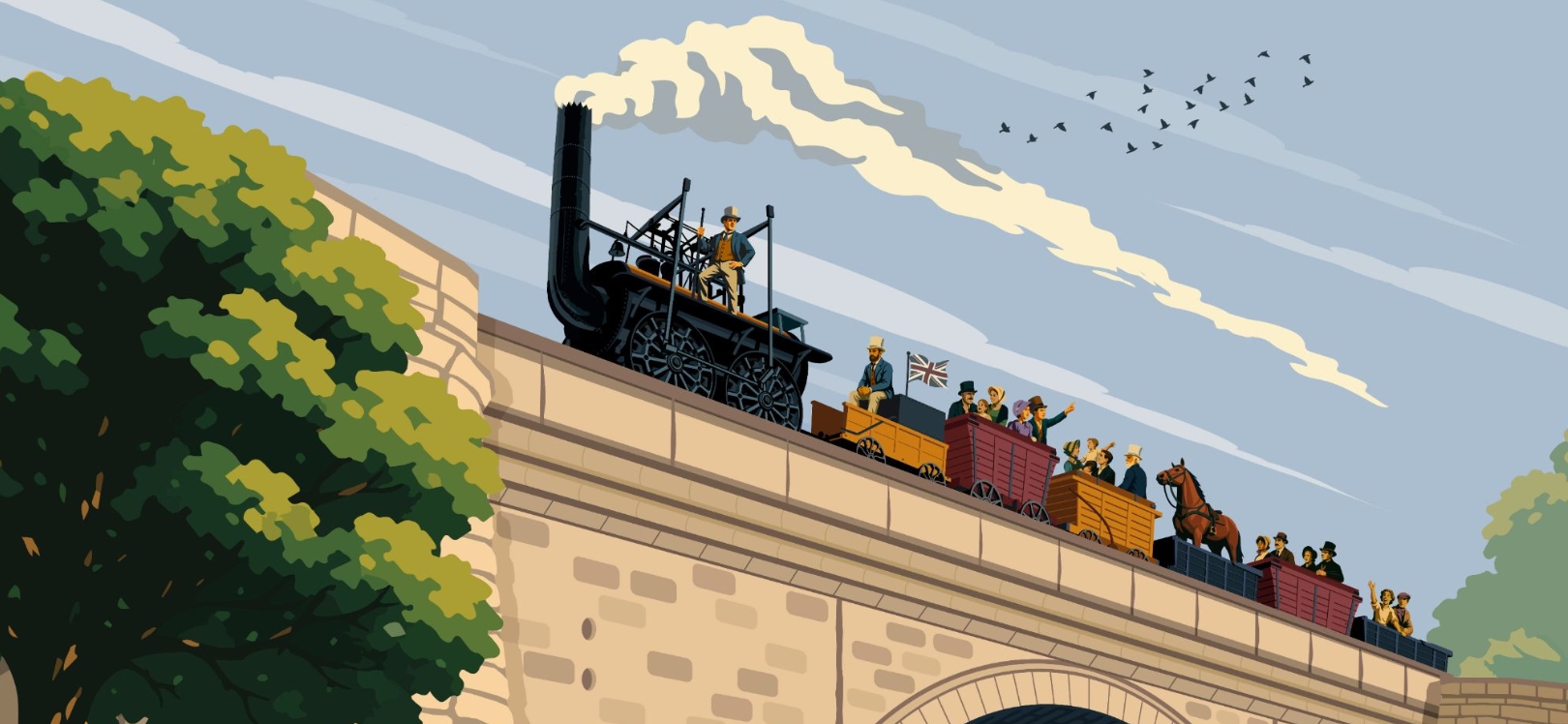 An illustration of a train going over a viaduct