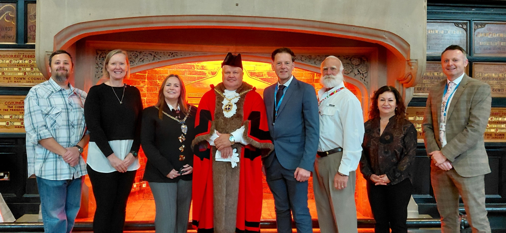 Image left to right: Adam Shiflett Sister Cities of Durham USA, Eve Marion Co-Chair, Sister Cities of Durham’s Durham UK Committee, Cllr Jackie Teasdale Vice-Chair of Durham County Council, Cllr Gary Hutchinson Mayor of Durham, Cllr Andrew Husband Leader of Durham County Council, Michael Shiflett Sister Cities Durham USA, Leslie Fischer Sister Cities of Durham’s Durham UK Committee,Tony Hanson Corporate Director of Regeneration, Economy & Growth, Durham County Council.