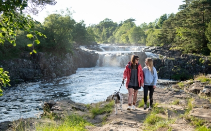 A couple walking a dog at Low Force